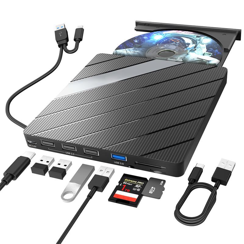 Laptop DVD Player USB C 3.0 Portable CD Burner with SD/TF Card Slot & 3 USB Ports Compatible with Mac, Windows, Linux