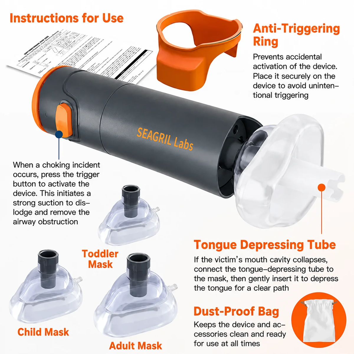 Portable Choking Rescue Device with 3 Masks