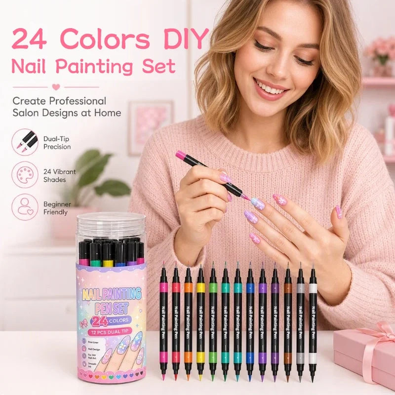 🎉Halloween Sale Over 35k+ Sold!💅🎨24‑Colors Dual‑Ended Nail Painting Pens‑DIY Manicure Drawing Set🎁